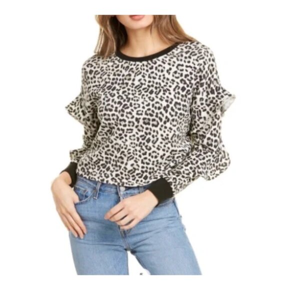 Alice + Olivia Leopard Print Ruffle Sleeve Top XS Black/White - Picture 1 of 5